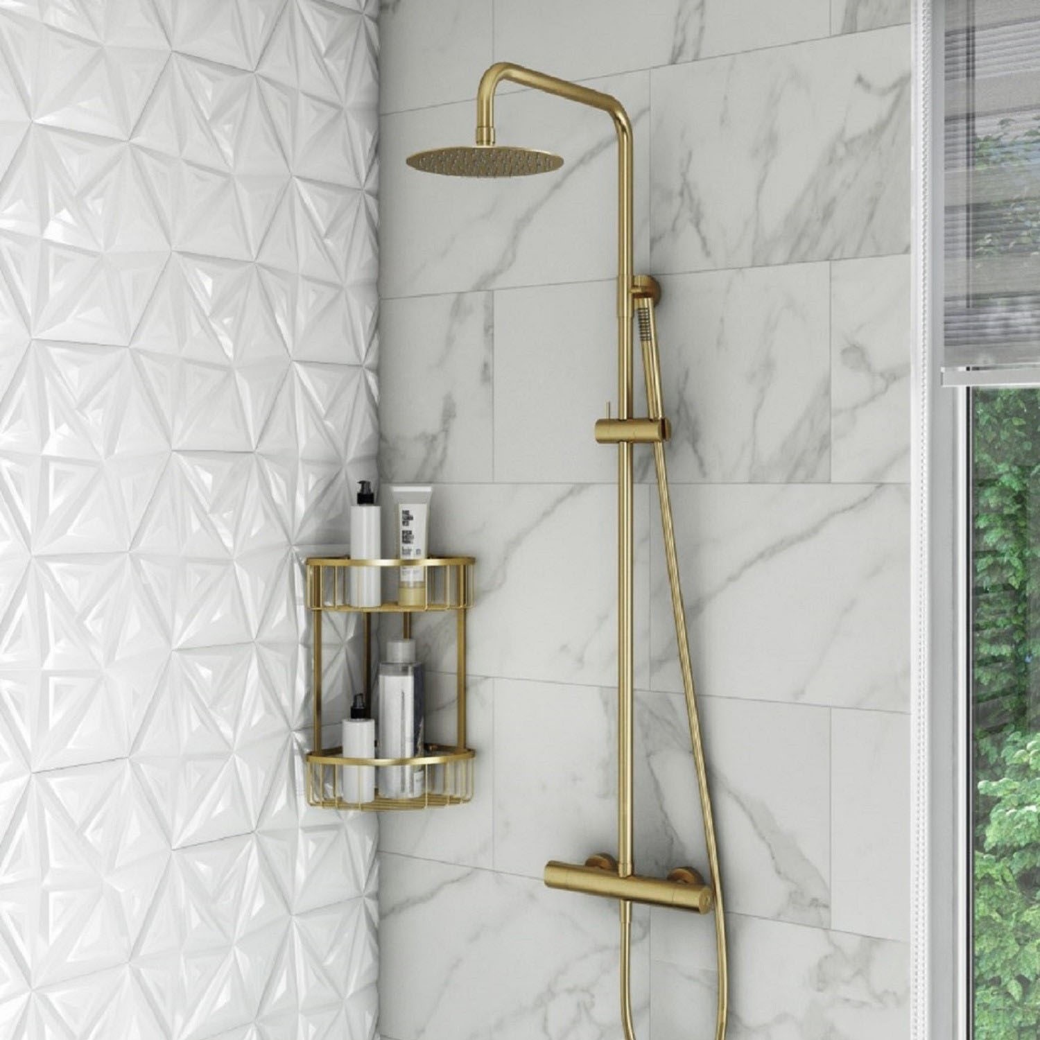 at Home 2-Tier Keira Glazed Gold Wire Shower Caddy with Soap Dish