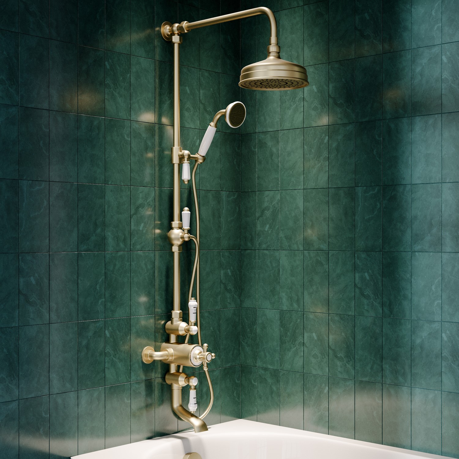 Brushed Brass Traditional Thermostatic Bath Mixer Shower Set with Bath ...
