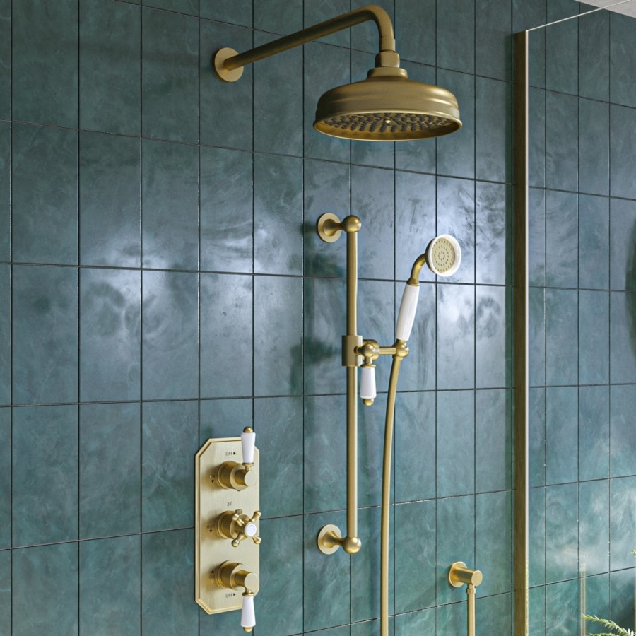 ONLY OPENED - Brushed Brass Dual Outlet Wall Mounted Thermostatic Mixer Shower with Hand Shower - Cambridge