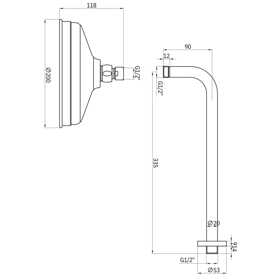 Brushed Brass Traditional Wall Mounted 250mm Shower Head - Cambridge
