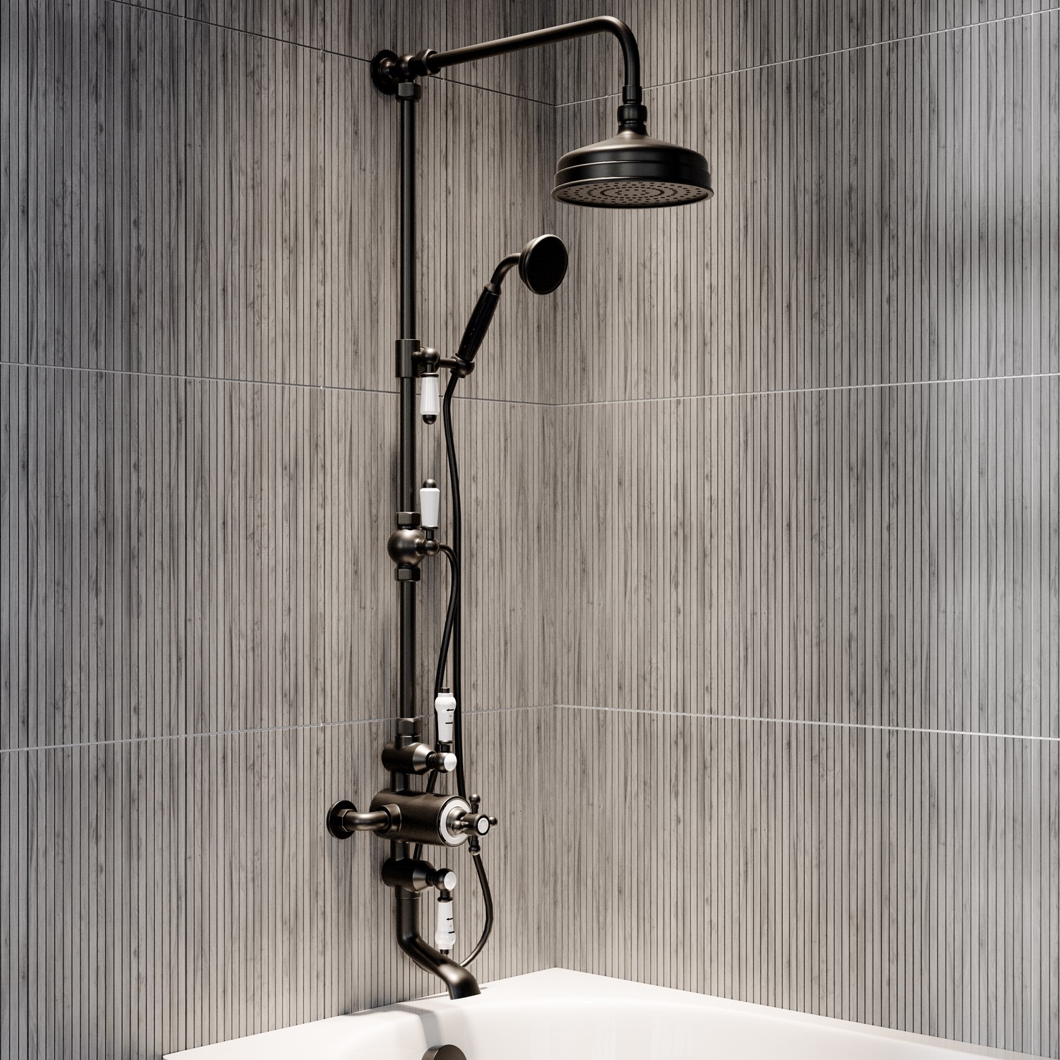 Camden Black Traditional Thermostatic Bath Mixer Shower Set With Bath Filler Spout - Slide Rail Kit & Hand Shower