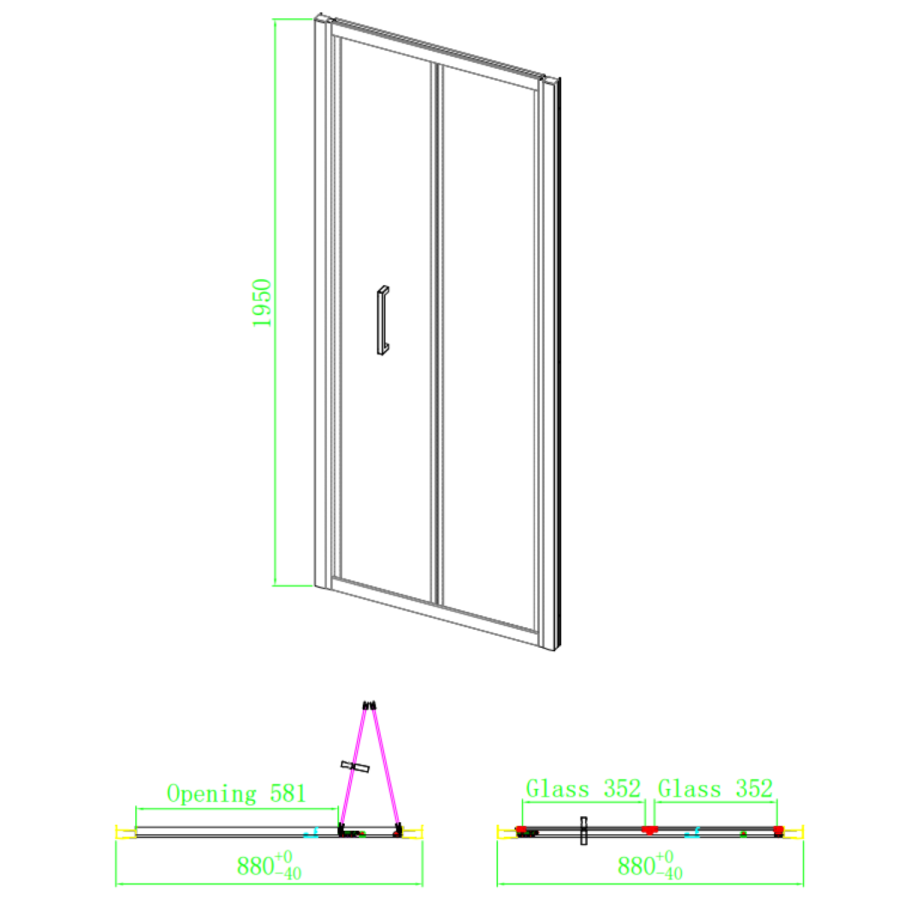 900x800mm Brushed Brass 6mm Glass Rectangular Bi-Fold Shower Enclosure - Carina