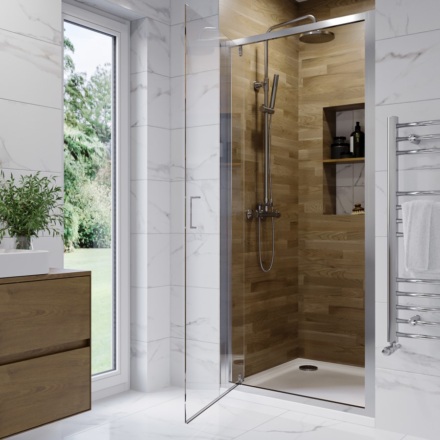 ONLY OPENED - 800mm Chrome Hinged Shower Door 6mm Glass - Carina