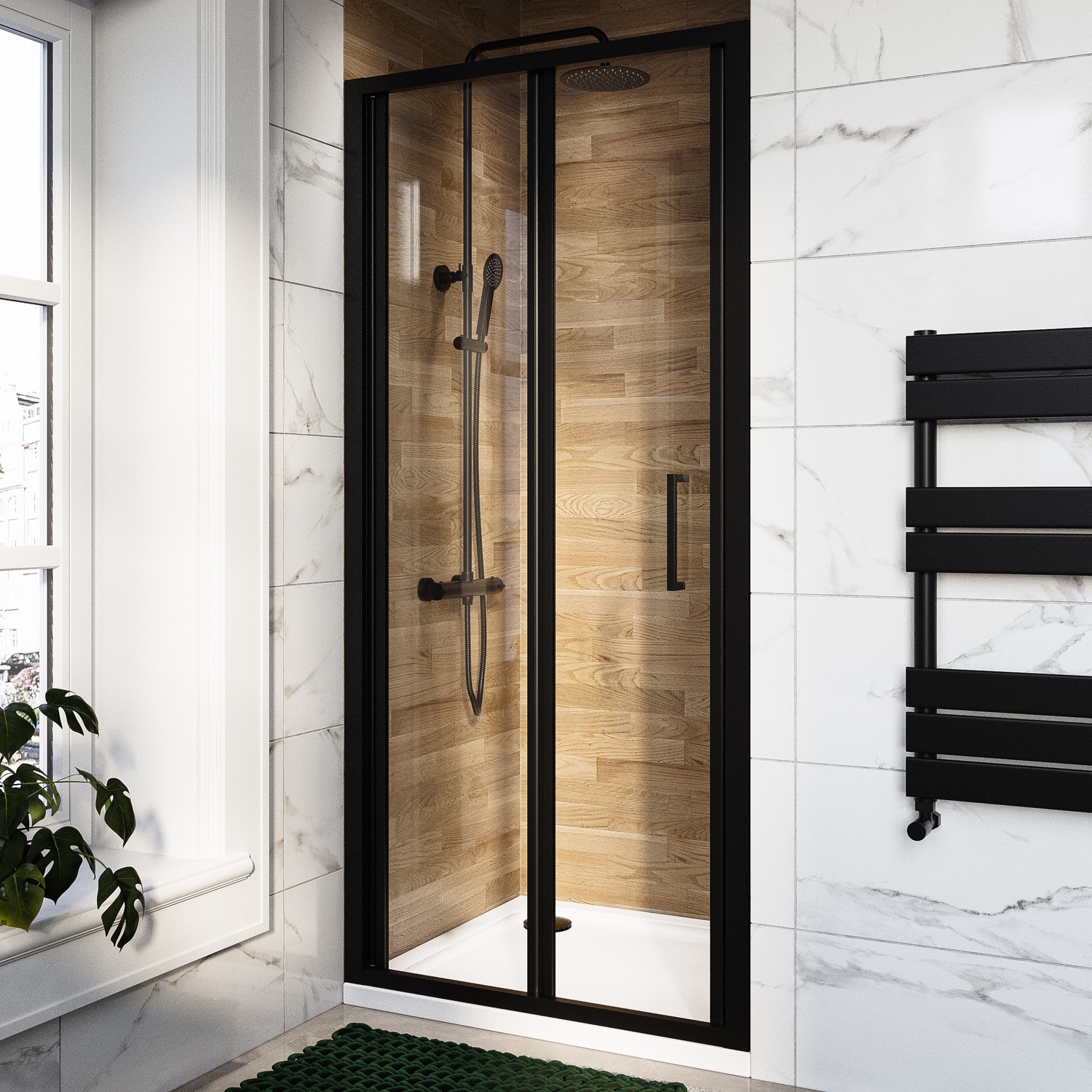 900mm Black Bi Fold Shower Door 6mm Glass Carina Better Bathrooms 900mm-black-bi-fold-shower-door-6mm-glass-carina-better-bathrooms