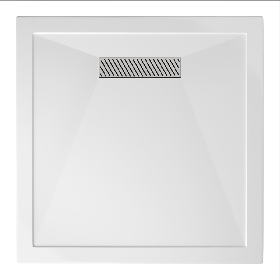 900x900mm Square Low-Profile Shower Tray 25mm with Linear Waste - White Stone Resin - Cascade