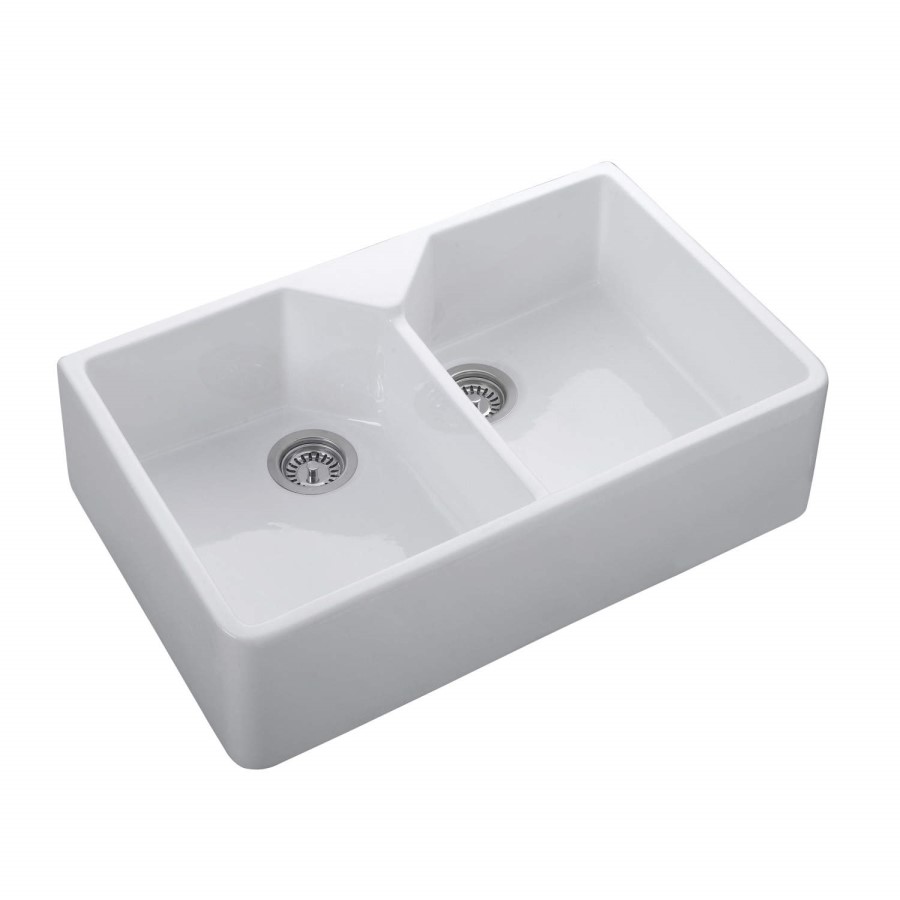 Box Opened Rangemaster Double Bowl White Ceramic Kitchen Sink
