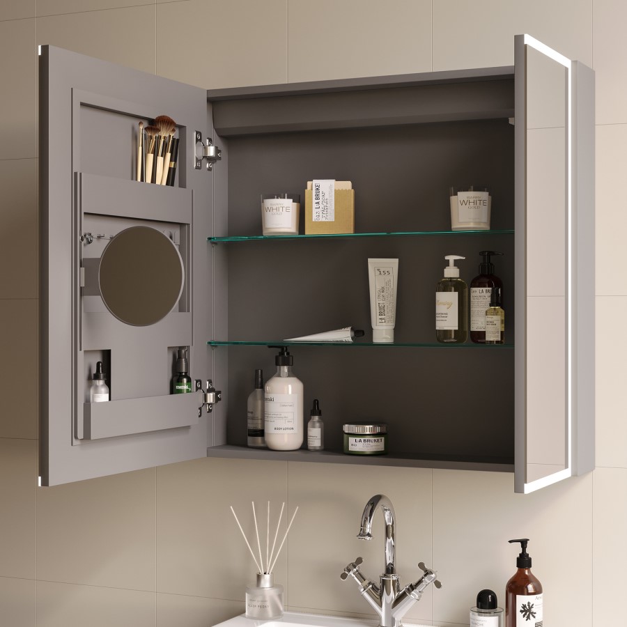 Double Door Chrome Bathroom Miror Cabinet with Lights & Shaver Socket 750 x 700mm - Celeste
