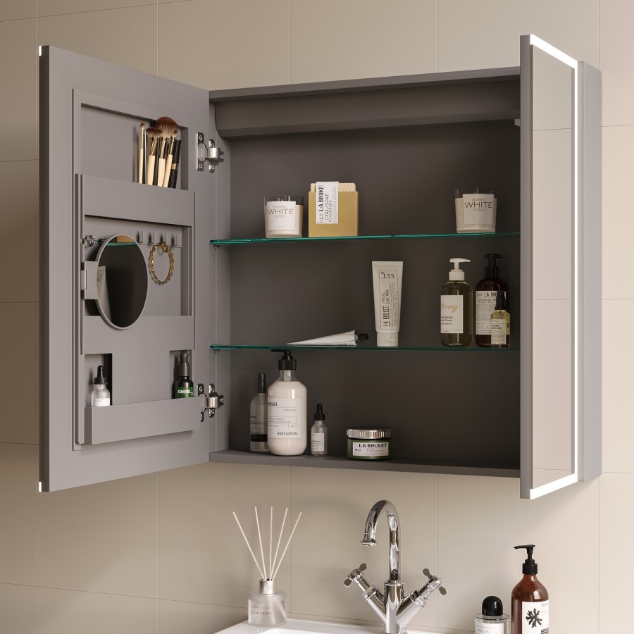 Double Door Chrome Bathroom Miror Cabinet with Lights & Shaver Socket 750 x 700mm - Celeste