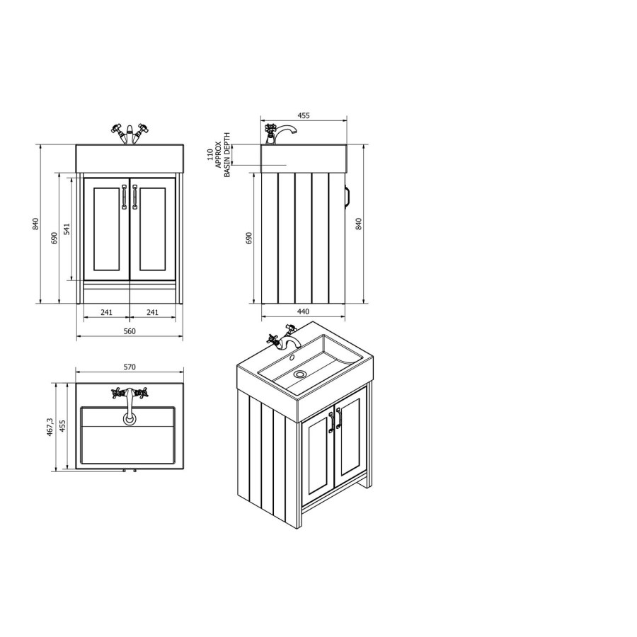 White Traditional Bathroom Vanity Unit & Basin - 570mm Wide