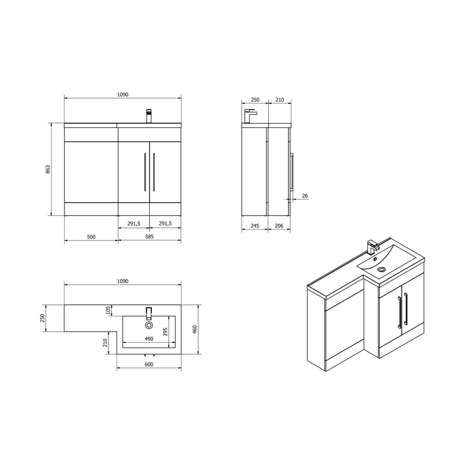 Oak Right Hand Bathroom Vanity Unit & Basin Furniture Suite - W1090mm - Includes Mid Edge Basin Only