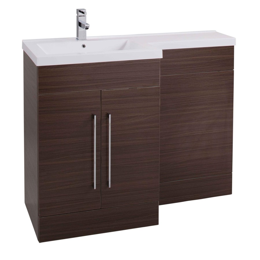 Walnut Left Hand Bathroom Vanity Unit & Basin Furniture Suite - W1090mm - Includes Mid Edge Basin On