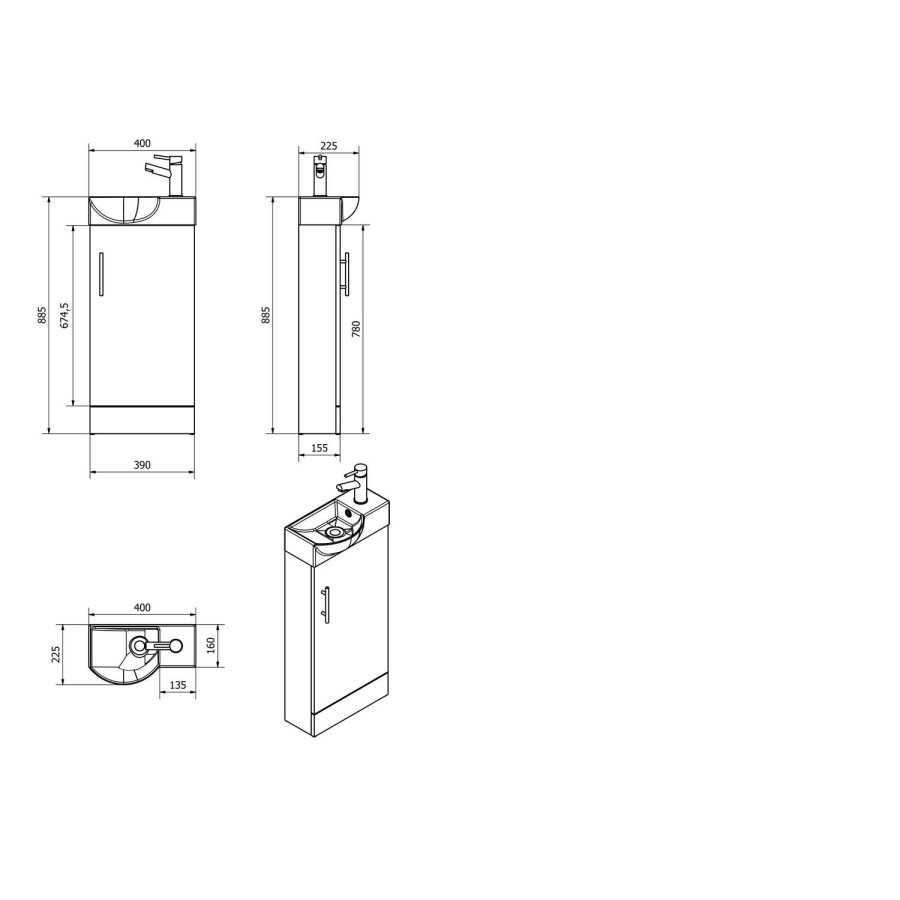 Oak Cloakroom Vanity Unit & Basin - W400 x H885mm