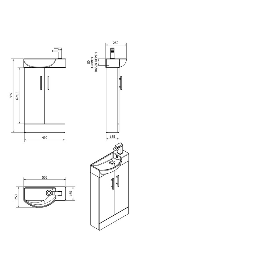 White Double Door Bathroom Vanity Unit & Basin - W505 x H885mm