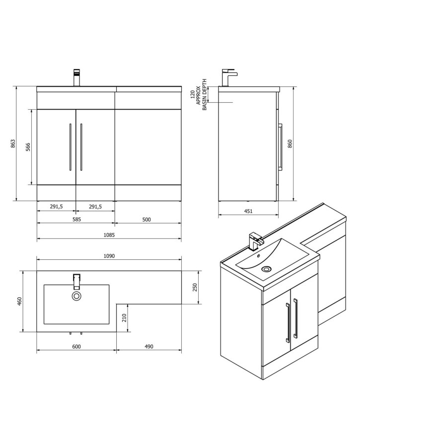 Anthracite Bathroom Vanity Unit Furniture Suite Left Hand - W1090mm - Includes Thin Edge Basin Only