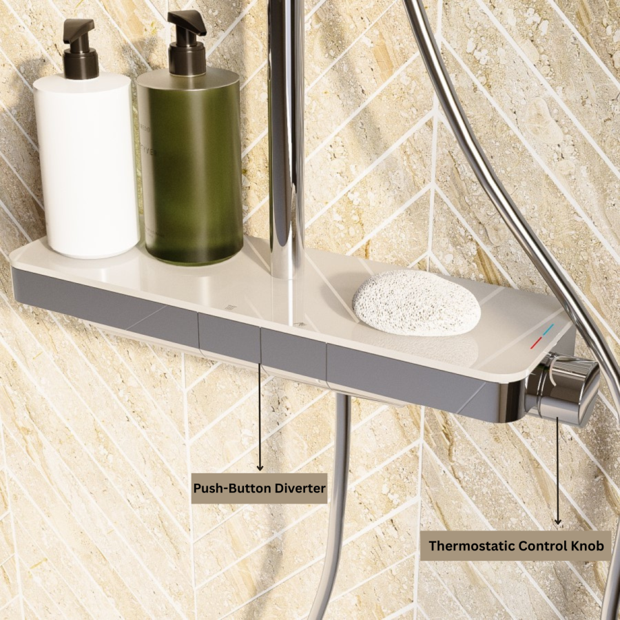 Chrome Thermostatic Mixer Shower Set with Push Button & Shelf - Mika