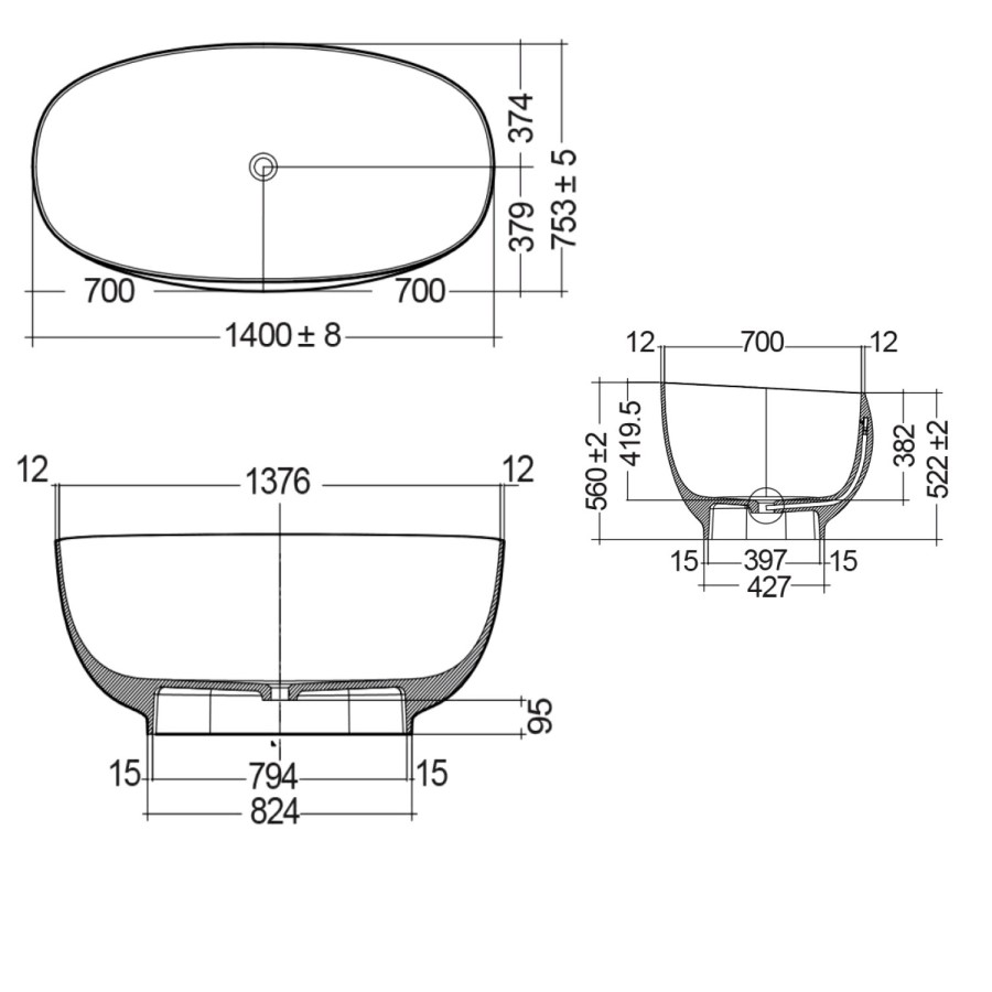 Black Freestanding Double Ended Bath 1400 x 700mm - RAK Ceramics
