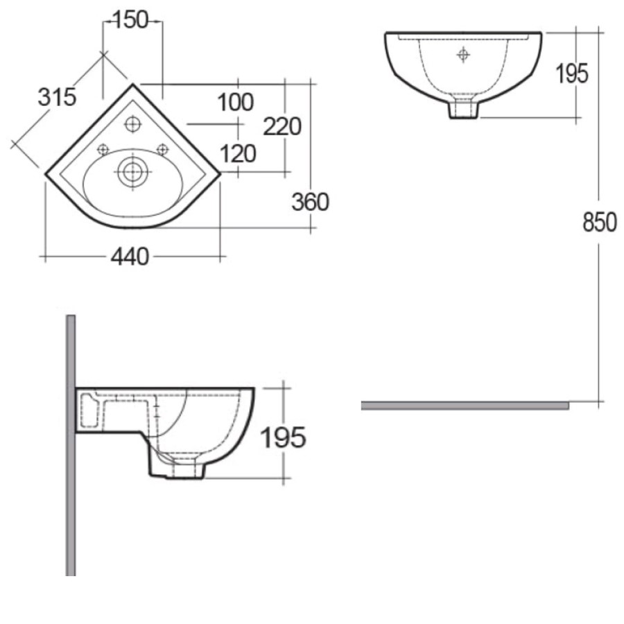 Rak Ceramics Corner Cloakroom Wall Hung Basin 440mm
