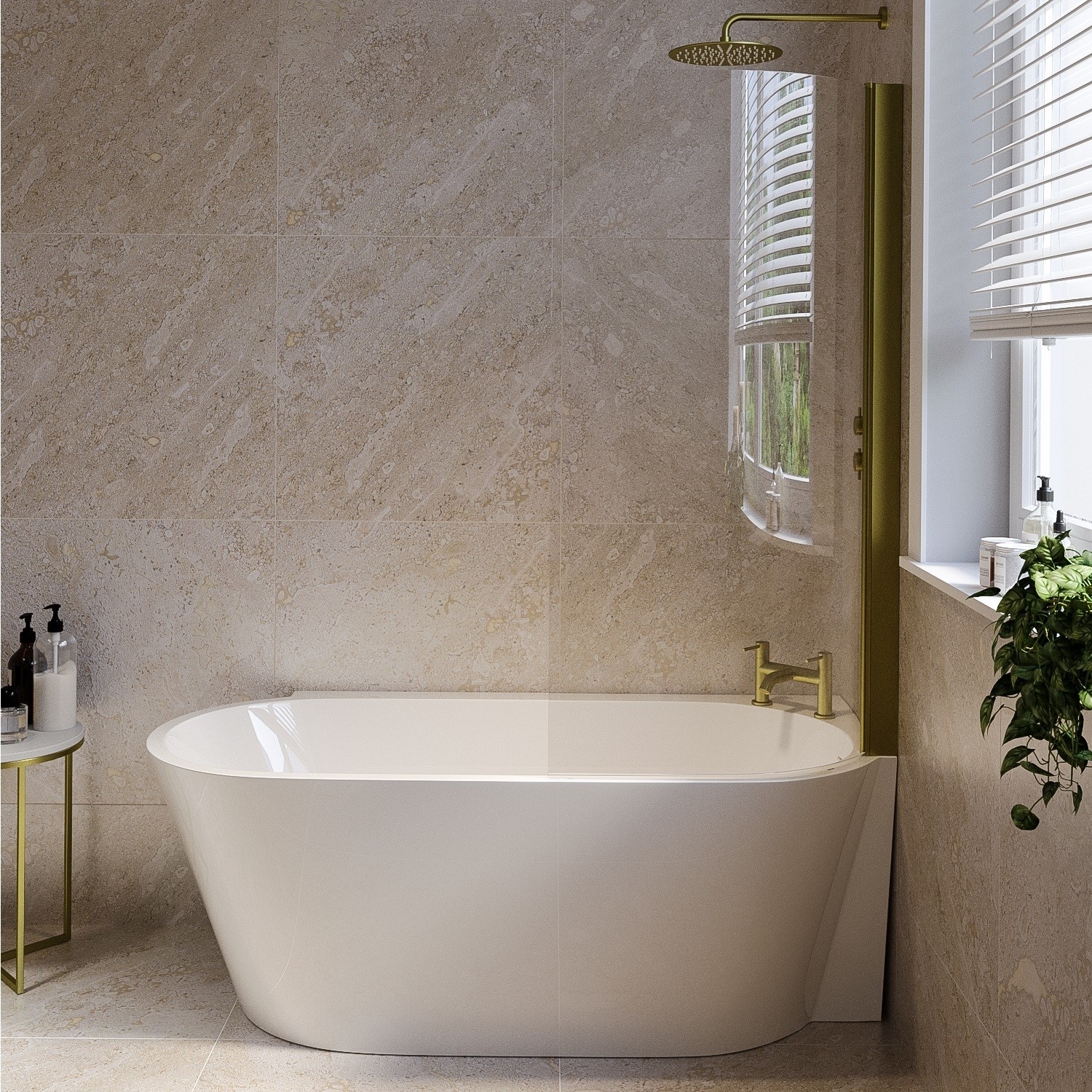 Cove White Freestanding Shower Bath Single Ended Right Hand Corner With Brass Bath Screen 1600 X 780Mm