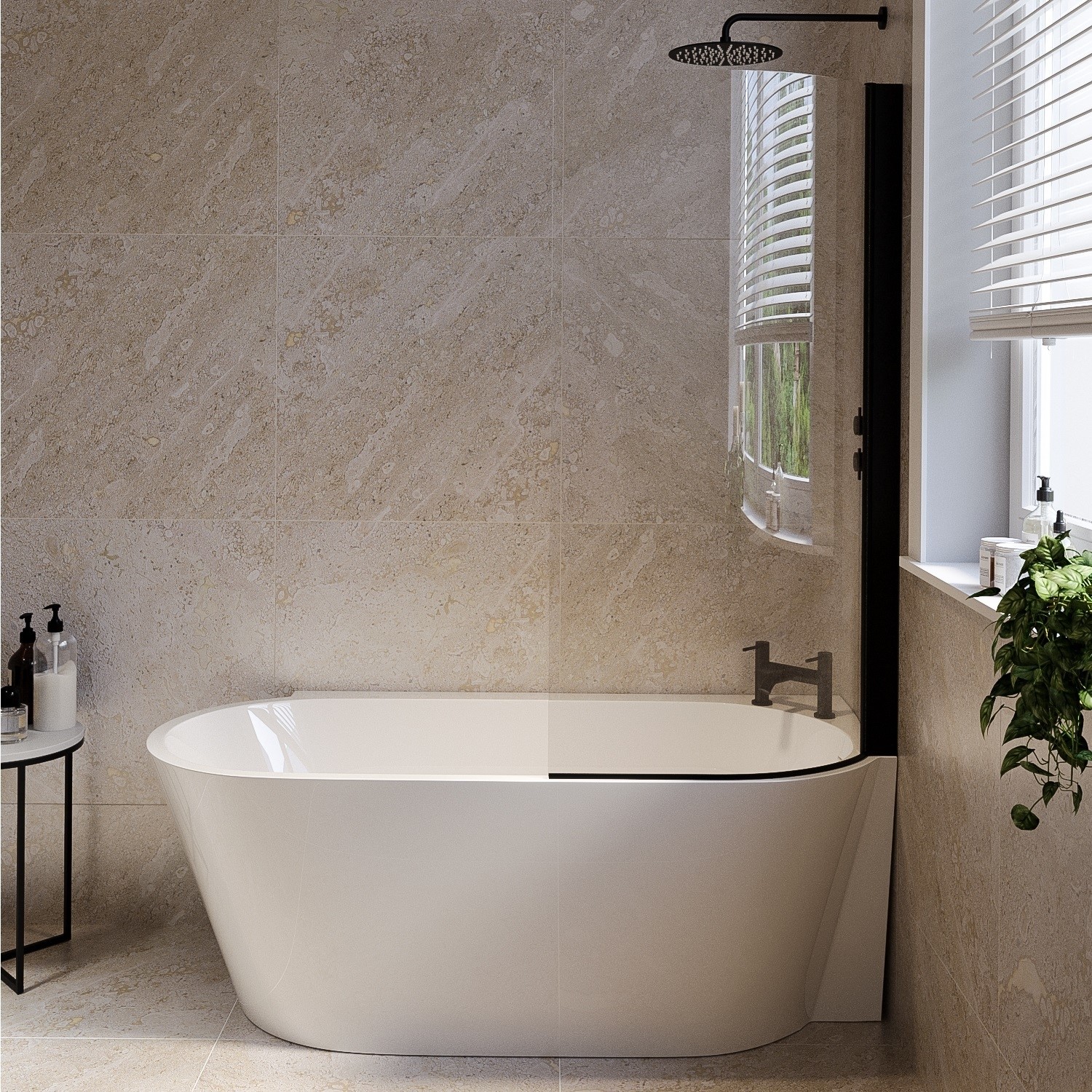Cove White Freestanding Shower Bath Single Ended Right Hand Corner With Black Bath Screen 1600 X 780Mm