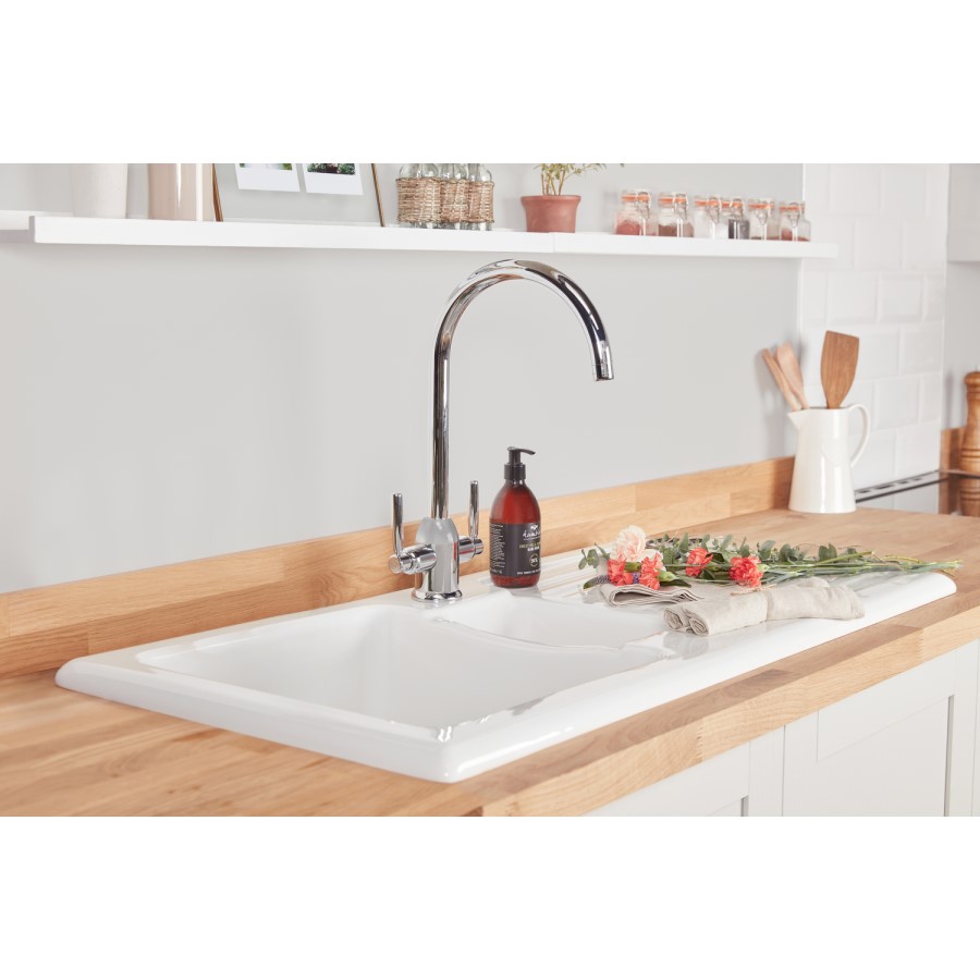 1.5 Bowl Inset White Ceramic Kitchen Sink with Reversible Drainer - Rangemaster Rustic