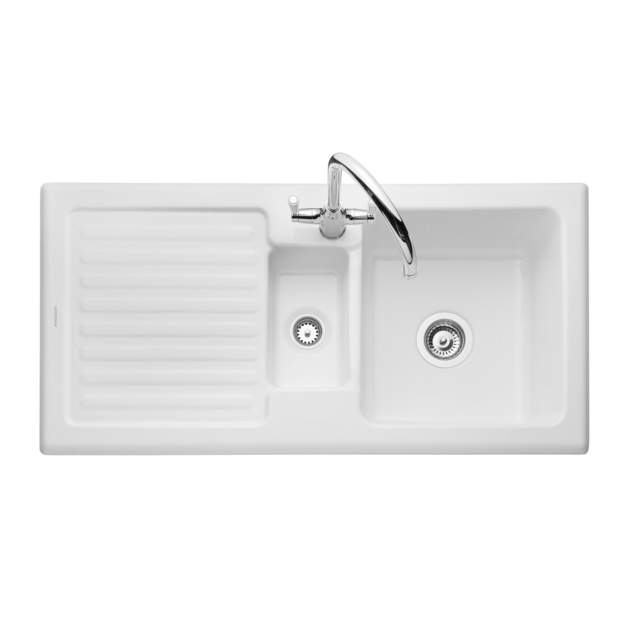 1.5 Bowl Inset White Ceramic Kitchen Sink with Reversible Drainer - Rangemaster Rustic