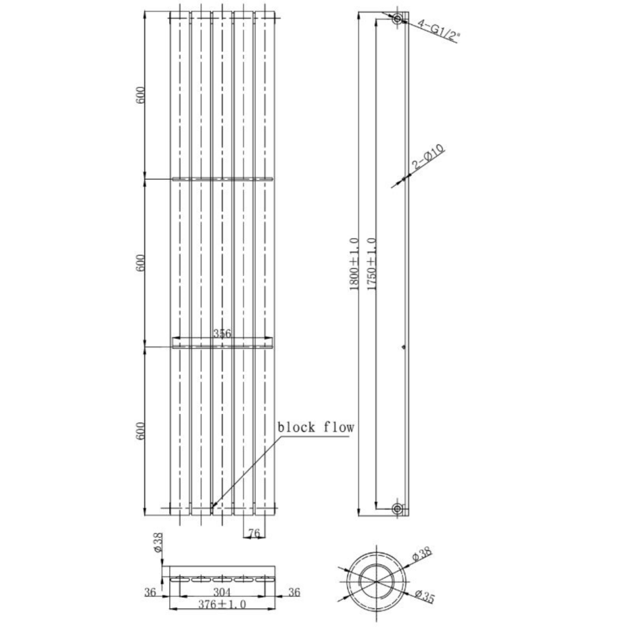 Vertical Panel Mirror Radiator - 1800 x 376mm