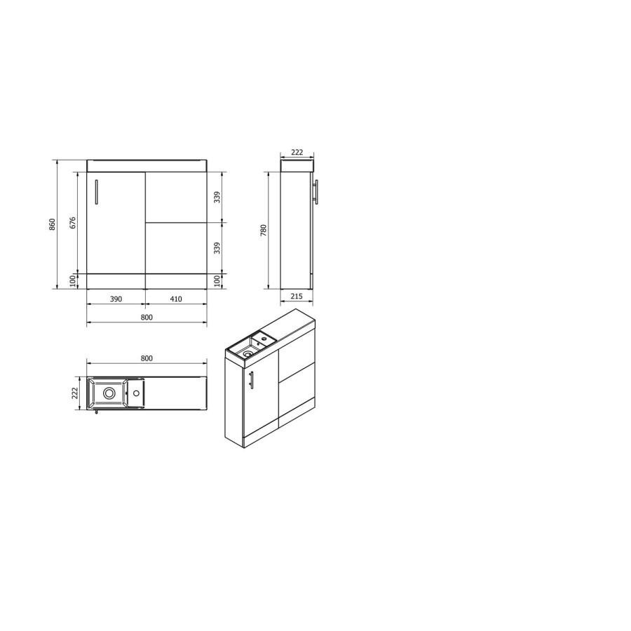 Black Free Standing Bathroom Right Hand Vanity Unit & Basin - W800mm