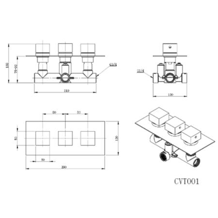 Triple Square Concealed Shower Valve