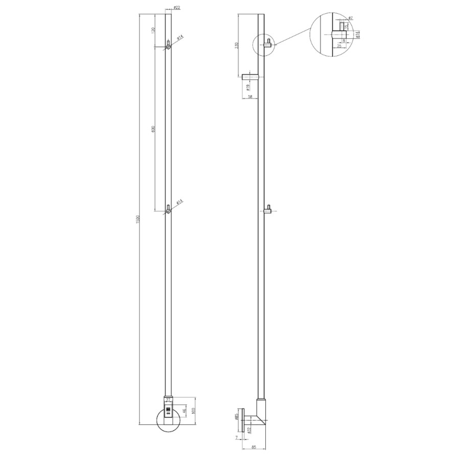 Reina Ines Black Vertical Electric Towel Radiator 1500 x 22mm