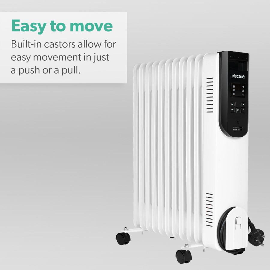 electriQ 2.5kw Smart WiFi Alexa Oil Filled Radiator 11 Fin  24 hour and Weekly Timer with Thermostat and Remote - White