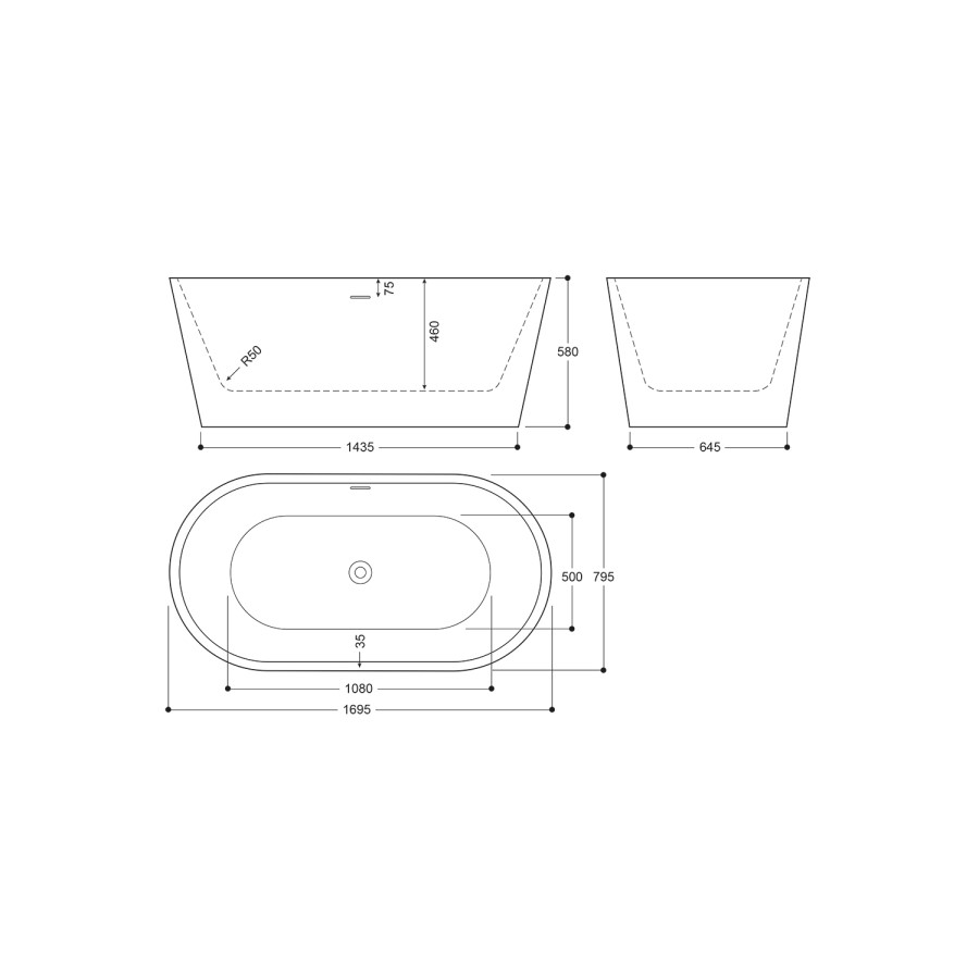 Marble Effect Freestanding Double Ended Bath 1695 x 795mm - Elementa