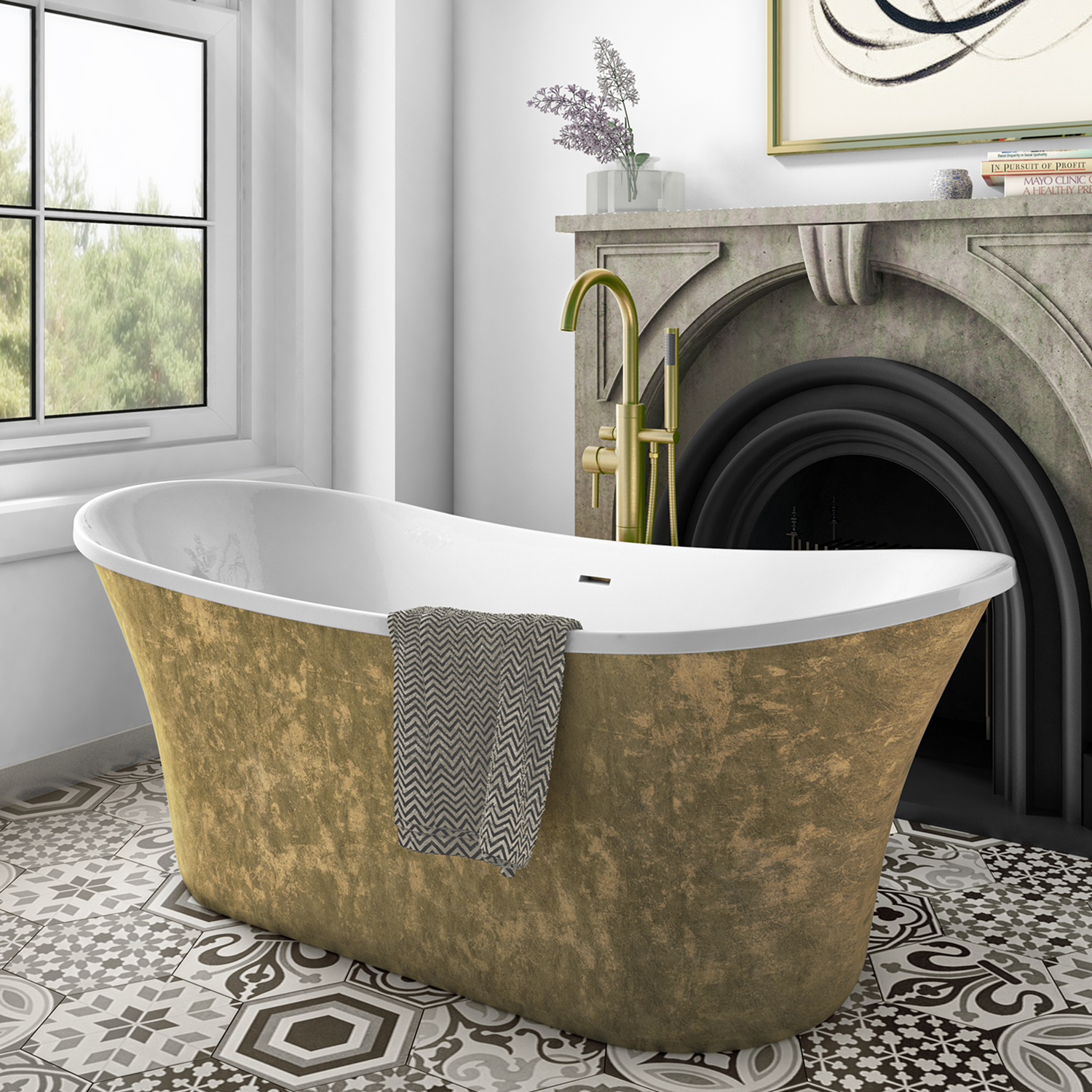 Slipper　1705　Gold　Better　x　Elementa　755mm　Freestanding　Double　Bath　Ended　Bathrooms