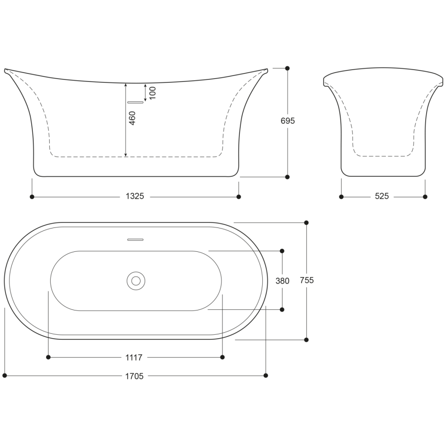 Silver Freestanding Double Ended Slipper Bath 1705 x 755mm - Elementa