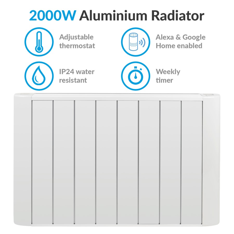 2000W Smart Low Energy Aluminium Designer Radiator - Wall Mountable& Bathroom Safe
