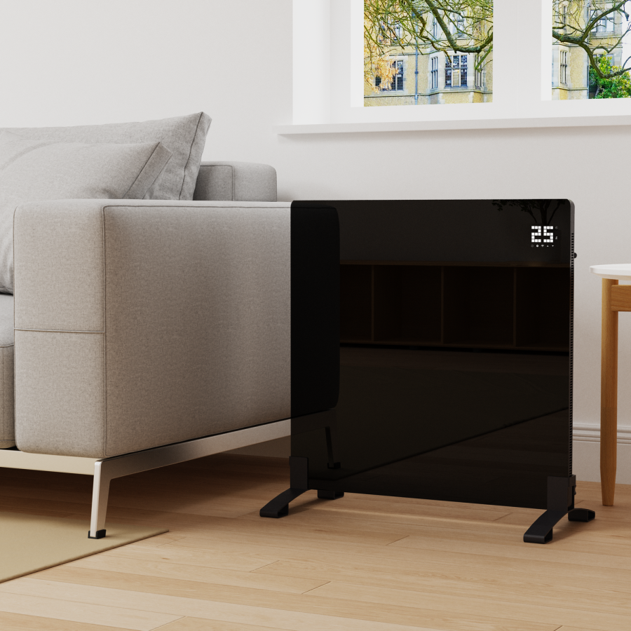 Low Energy 350W Smart Infrared Designer Glass Panel Heater - IP44 Bathroom Safe Wall Mountable or Free Standing 600x600mm - Black