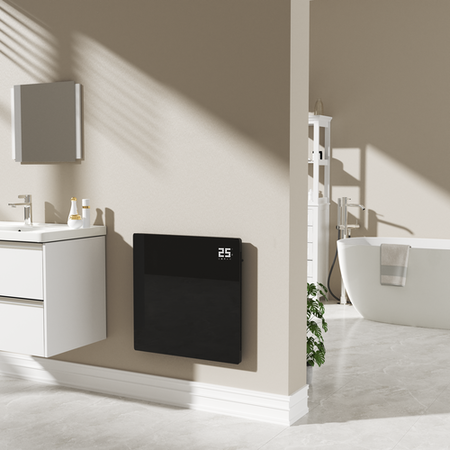 Low Energy 350W Smart Infrared Designer Glass Panel Heater - IP44 Bathroom Safe Wall Mountable or Free Standing 600x600mm - Black