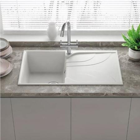 Single Bowl White Granite Composite Kitchen Sink with Reversible Drainer - Reginox