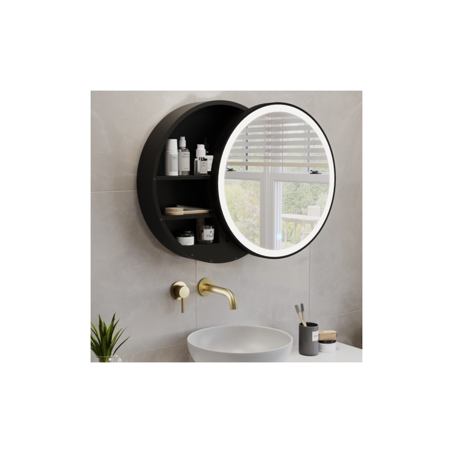 Black Sliding Mirrored Bathroom Cabinet with Lights 600 x 600mm - Elara
