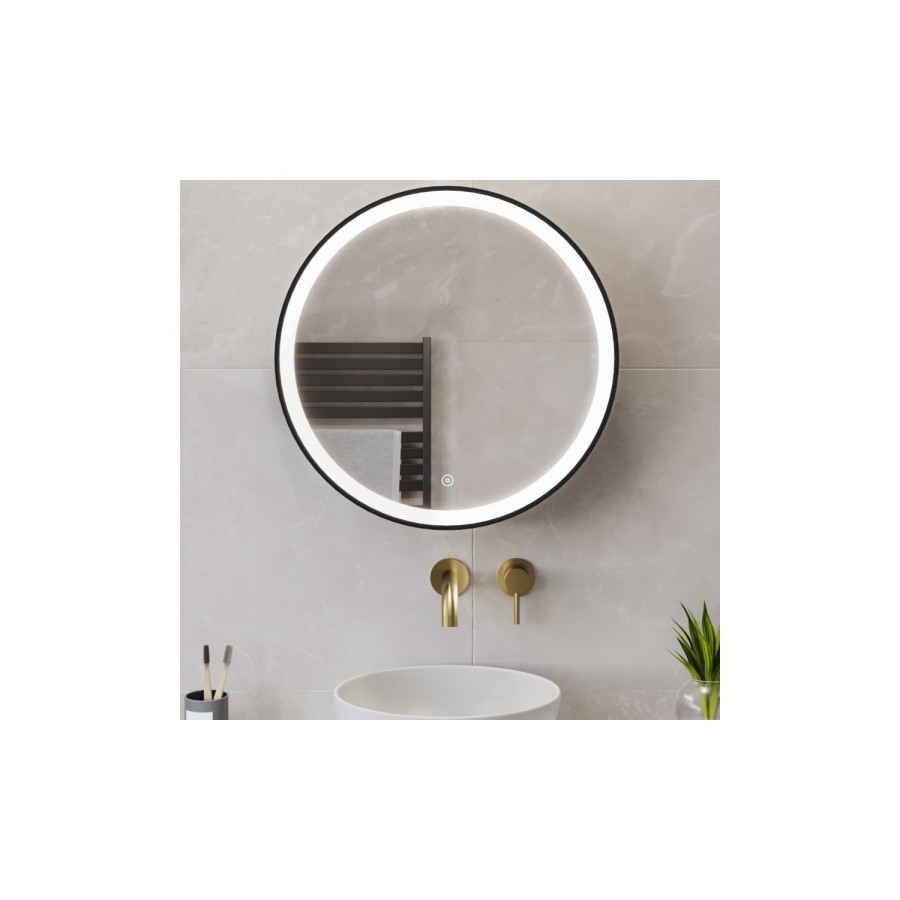 Black Sliding Mirrored Bathroom Cabinet with Lights 600 x 600mm - Elara