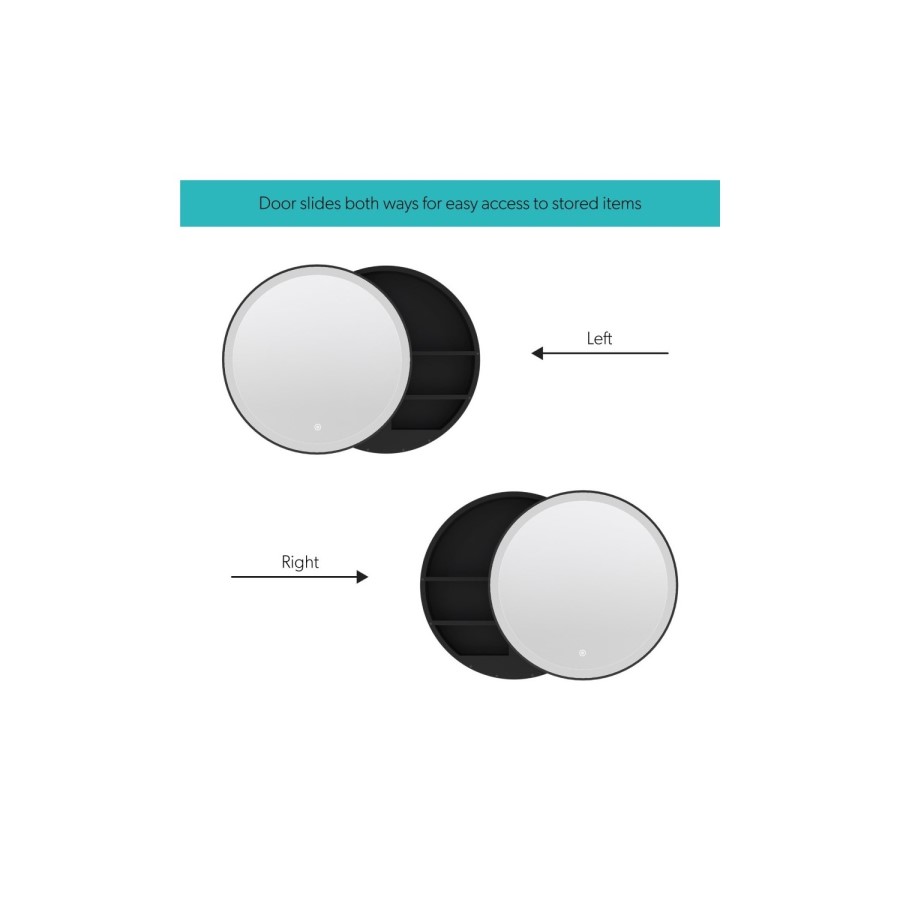 Black Sliding Mirrored Bathroom Cabinet with Lights 600 x 600mm - Elara