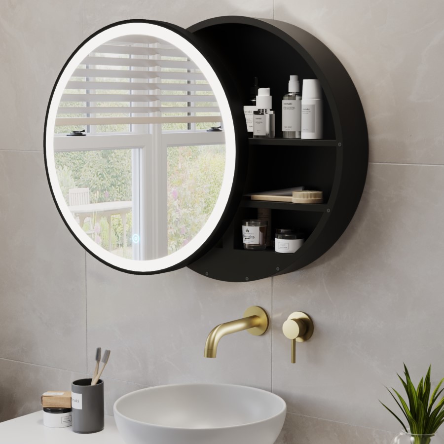 ONLY OPENED - Black Sliding Mirrored Bathroom Cabinet with Lights 600mm - Elara