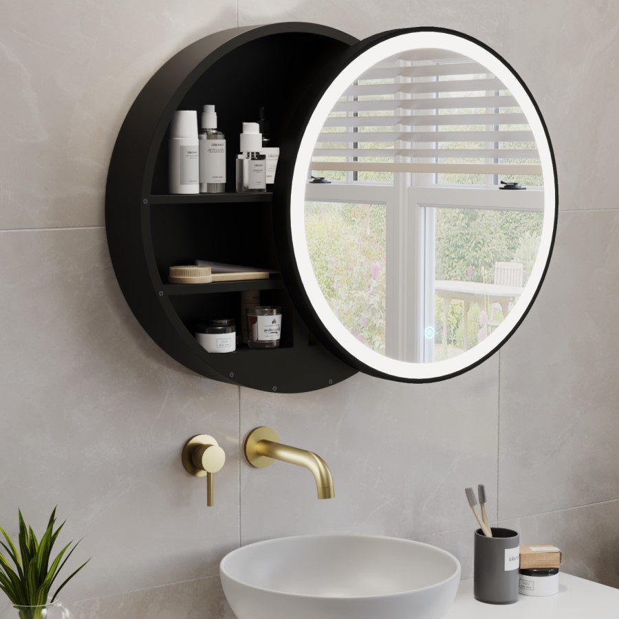 ONLY OPENED - Black Sliding Mirrored Bathroom Cabinet with Lights 600mm - Elara