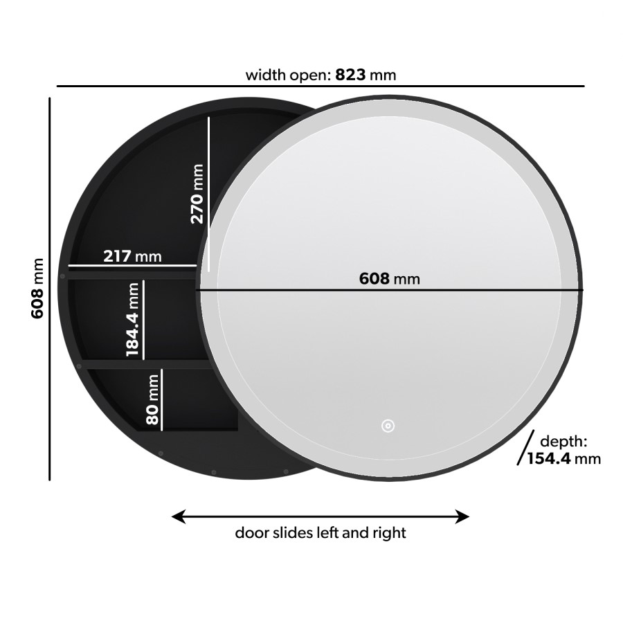 ONLY OPENED - Black Sliding Mirrored Bathroom Cabinet with Lights 600mm - Elara