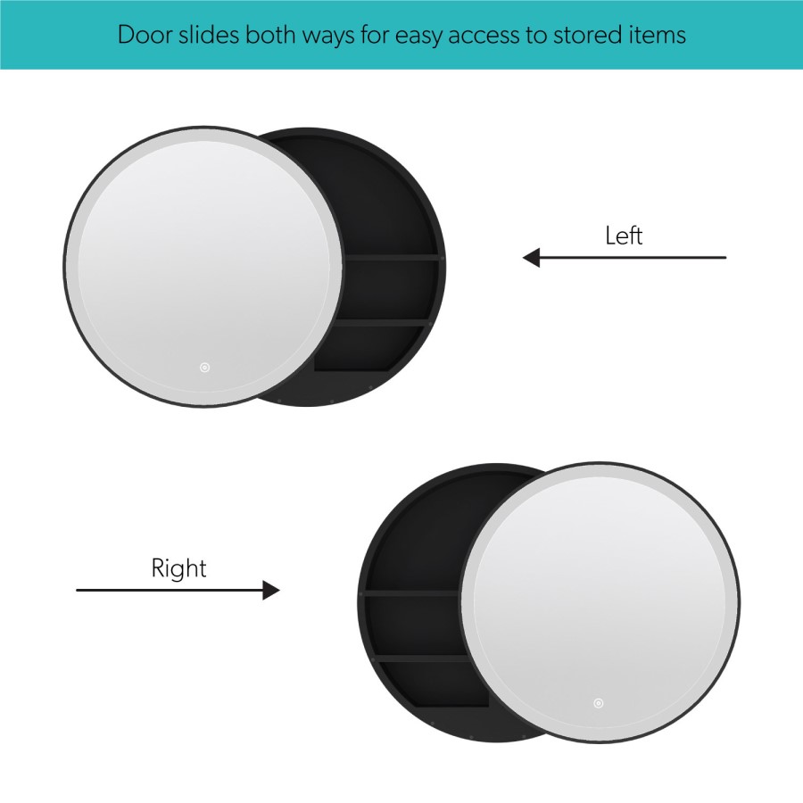 ONLY OPENED - Black Sliding Mirrored Bathroom Cabinet with Lights 600mm - Elara