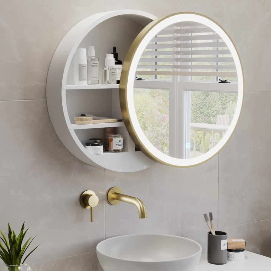Brass Sliding Mirrored Bathroom Cabinet with Lights 600 x 600mm - Elara