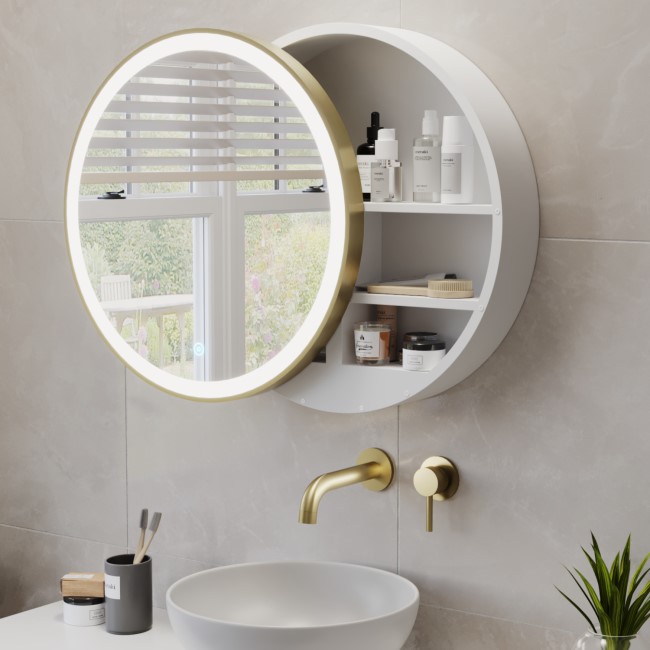 Brass Sliding Mirrored Bathroom Cabinet with Lights 600 x 600mm - Elara