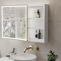 Brass Sliding Square Mirrored Bathroom Cabinet with Lights 600x600mm - Elara Brass Sliding Square Mirrored Bathroom Cabinet with Lights 600x600mm - Elara