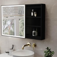 GRADE A2 - Black Sliding Recessed Bathroom Mirror Cabinet with Lights 600 x 600mm - Elara