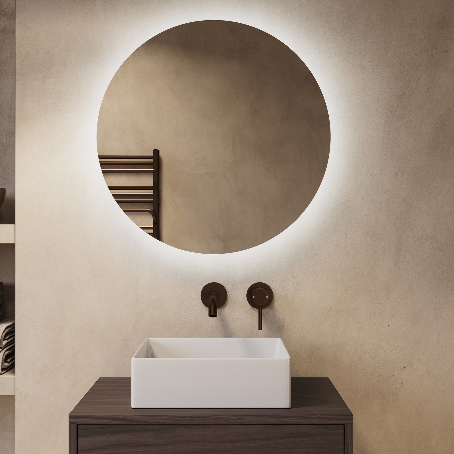 Elio Silver Round Backlit Bathroom Mirror With Battery Operated Lights 600Mm