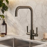 Antique Brass Dual Lever Monobloc Square Kitchen Mixer Tap - Enza Elwood